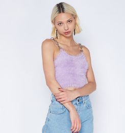 Y2K Fur Metal Chain Sling Summer Backless Slim Sexy Super-short Camisole Purple Furry Casual Crop Tops Vest Short Tee Shirt 210515