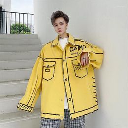 Men's Jackets 2021 Hand Painted Scrawl Casual Denim Jacket Mens Harajuku Hip Hop Vintage And Coats Yellow Black Jeans