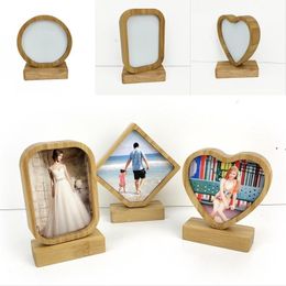 Bamboos Sublimation Blank Photo Frame With Base Double Sided Wood Love Heart Round Frames Magnetism Picture Painting Decoration LLB9067