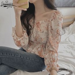 Korean Floral Shirt Women Sexy Chiffon Long Sleeve Slash Neck Printing Small Ruffled Top Female Blusas Mujer 13798 210427