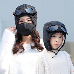 Winter Ski Hats With Glasses Windproof Earmuffs Cycling Plus Velvet Thick Warm For Men And Women Caps & Masks