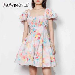 Elegant Print Summer Dress For Women Square Collar Puff Sleeve High Waist Hit Colour Dresses Female Fashion 210520