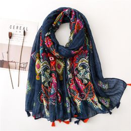 Women Floral Printed Cotton Hijabs Shawls With Tassels Fashion Muslim Head Wraps Large Size Headscarf Turbans