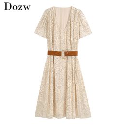 V Neck Printed Elegant Dress Woman Short Sleeve Casual Pleated With Belt Apricot Color Female Beach Midi es 210515