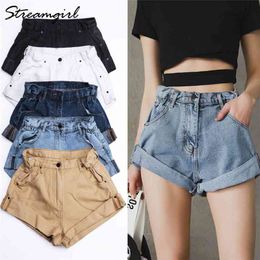 Streamgirl Denim Shorts Women's White Short Jeans Khaki Wide Leg Elastic Waist Vintage High Summer 210621