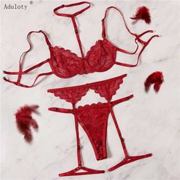 Aduloty Red Floral Lace Garter Lingerie Set With Choker Women Intimates Underwire Bra And Thongs Ladies Underwear Set 211104