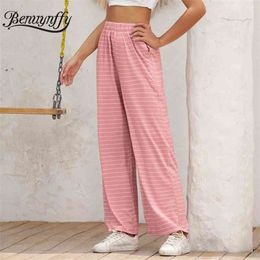 Pink Elastic High Waist Summer Striped Pants Women Ladies Streetwear Casual Home OL Full Length Straight Trousers 210510