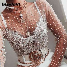 Gtpdpllt Sexy See Through T Shirt Women Mesh Patchwork Diamonds pearl Slim t-shirts Elegant Crop Tops Female Spring Clothes 210819