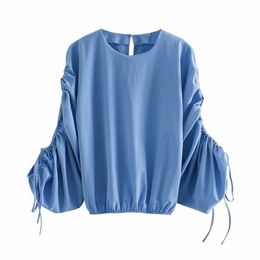 elegant o neck women shirts summer blue fashion ladies blouses casual soft female shirt ruched girls chic blouse 210527