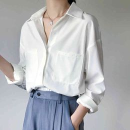 OL Style White Shirts Turn-down Collar Pockets Autumn Women Blouse Tops Elegant Workwear Female blusas femme 995E 210420