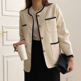 Autumn Winter Office Lady Tweed Jacket Coat Women Korean Chic Elegant Loose Color-Hit Pockets High Quality Woollen Outwear 210514
