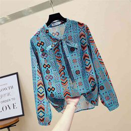 Spring Autumn Women's Blouse Geometric Pattern Print Bowknot Shirt Korean Style Slim Long Sleeve Female Tops LL314 210506