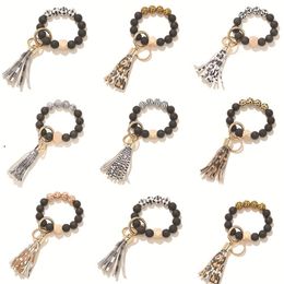 new Keychain Tassel Bead String Chain Party Favor Black And White Leopard Bracelets Abrazine Beads Bracelet Key Ring Wrist Strap EWB7787
