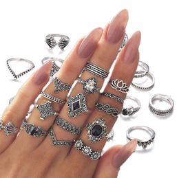 15Pcs/set Vintage Antique Silver Colour Rhinestone Boho Ring Set for Women Geometric Knuckle Midi Ring Set Anillos