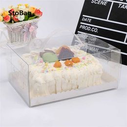 StoBag 10pcs Transparent Portable Packing Box For Cake Handmade Baking Cookies Snack Handle Baby Shower Gift Favour Decoration 210602