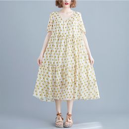 Johnature Summer Korean Retro Fashion Dot Floral Print V-neck Short Sleeve Dresses Simple Loose Comfortable Women Dress 210521