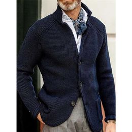 Men Sweater Cardigan down Collar Open Stitch Top Coat Winter Long Sleeve Knitted Retro Single Breasted Button Jumper Male Cloth 211214