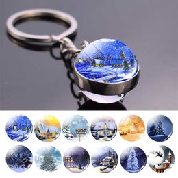 Snow House Keychain Double Sides Christmas Tree Glass Ball Key Chain Car Keyring Christmas Gift G1019