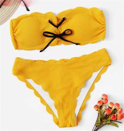 Women's Swimwear Women Scalloped Textured Ribbed Bandeau Bikini Set Solid Two Pieces Beach Bathing Suits Lace Up Biquinis Swimsuits