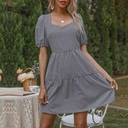 Sweetheart Neck Open Back Tie Houndstooth Print Dresses Summer Women Vintage Short Puff Sleeve Elegant A-Line Dress 210510