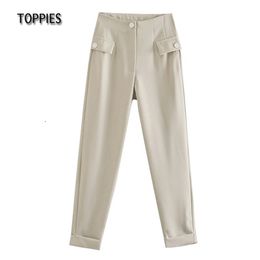 Woman Suit Pants High Waist Trousers Zipper Fake Pockets Female Rolled Hem Streetwear 210421