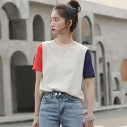 Summer Women's Stitching Knitted T-shirt Korean Contrast Color Loose Knit Sweet Short-sleeved Tops GD396 210506