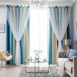 Wall Stickers 2Pcs Gradient Color Double-Layer Window Tulle Curtains Sunshade