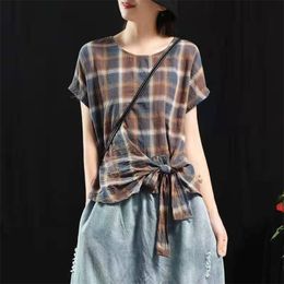 Arrival Summer Arts Style Women Loose Casual Short Sleeve O-neck T Shirt Bow Design Plaid Cotton Linen T-shirt W27 210512