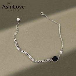 AsinLove Round Black Enamel Zircon 925 Sterling Silver Asymmetric Chain Anklets For Women Girls Fashion Beach Jewelry 2021 Trend
