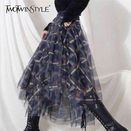 Irregular Print Plaid Skirt For Women High Waist Hit Color Patchwork Mesh Midi Skirts Female Spring Clothing 210521