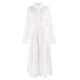 PERHAPS U White Solid Turn Down Collar Shirt Dress Button Long Sleeve Full Sleeve Midi Dress Autumn D0610 210529