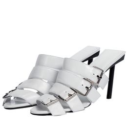 2021 Women Ladies Genuine Real Leather High Heels Summer Casual Sandals Flip-flops Buckle Wedding Dress Gladiator Sexy Shoes White Colour Big Size 34-44