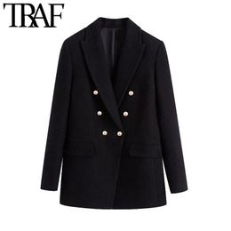 TRAF Women Fashion Office Wear Double Breasted Tweed Blazer Coat Vintage Long Sleeve Pockets Female Outerwear Chic Tops 211122