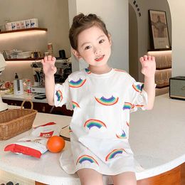 Ins Fashion Kids Rainbow Cotton Dress for Girls Summer Soft Clothing Toddler Flare Sleeve Sleeping Clothes 210529