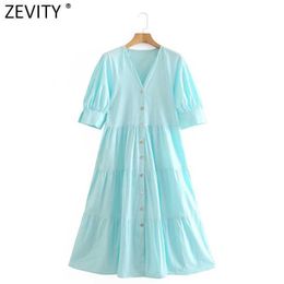 Zevity Women Fashion V Neck Pleat Puff Sleeve Casual Patchwork Ruffles Shirt Dress Femme Chic Breasted Retro Midi Vestido DS8508 210603