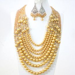 Earrings & Necklace Classic Gold-yellow 7 Rows Round Shell Simulated-pearl Crystal Beads Fashion Diy Jewellery Set 19-27.5inch B1314