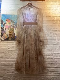 Autumn New Retro Ethnic Print Mesh Puffy Waist Dress Womens Elegant Elegant Long Dress