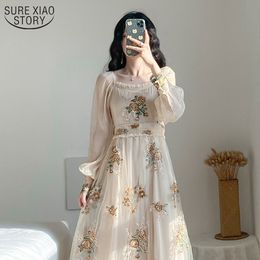 French Floral Embroidery Party Dress Long Sleeve Mesh Embroided Dresses Lantern Sleeve Sweet High Waist Long Dress Vestido 10120 210325