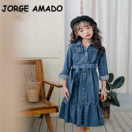 Korean Style Spring Girls Dress Denim Long Sleeves with Sashes Dresses Children Casual Kids Clothes E1071 210610