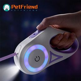 LED Retractable Dog Leash For s Cats With Flashlight Automatic Nylon Walking Lead Extending Roulette 211022