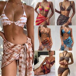 Swimwear Sexy Delicious Bikini Set With Cover Up Beach Dress Tie Dye Push Biquini Brazilian Badmode Women Thong 2021 Mujer