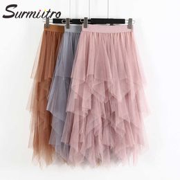 Surmiitro Long Pleated Tulle Skirt Women Spring Summer Korean Lady White Black Blue High Waist Sun School Midi Skirt Female 210712