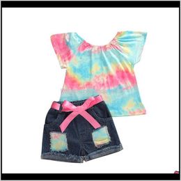 Clothing Baby, Kids & Maternity1-6Y Summer Baby Girls Clothes Sets Rainbow Print Ruffles Sleeve T Shirts Tops+Denim Blue Shorts 2Pcs Drop De