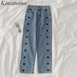 Kimutomo Heart Embroidery Jeans Women Casual Korean Chic Style Autumn Winter High Waist Straight Pants Streetwear Loose Fashion 210521