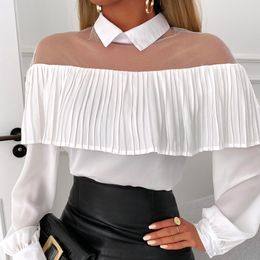 Patchwork Mesh Blouse Sexy Turn-down Neck Hollow Out Women Shirt Blusa Elegant Ruffle Puff Long Sleeve Tops Pullover 210514