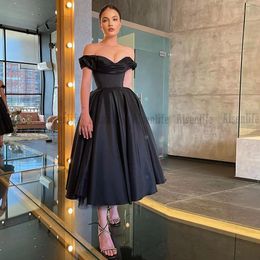 Women Black Dress 2022 Off Shoulder Satin Short Prom Party Gowns Tea Length Cocktail Club Wear Girl Homecoming Dresses