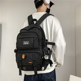 New Multi-pocket Waterproof Nylon Backpack Large Capacity Solid Color Women Schoolbag Men Insert Buckle Laptop Backpacks CX220309