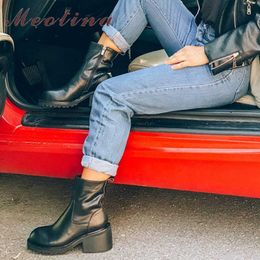 Meotina Ankle Boots Women Genuine Leather Platform High Heel Ankle Boots Zip Thick Heels Short Boots Female Shoes Autumn Winter 210608