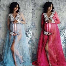 Women Maternity Dresses for Photo Shoot 2021 Summer Long Sleeve Lace V Neck Mesh Sheer Pregnant Dresses Maternity Clothes Q0713
