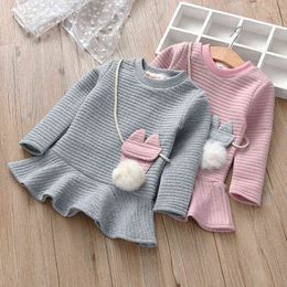 New Long-sleeved Girl Dress Baby Cute Warm Dress Pit Striped Cute Princess Dress G1129